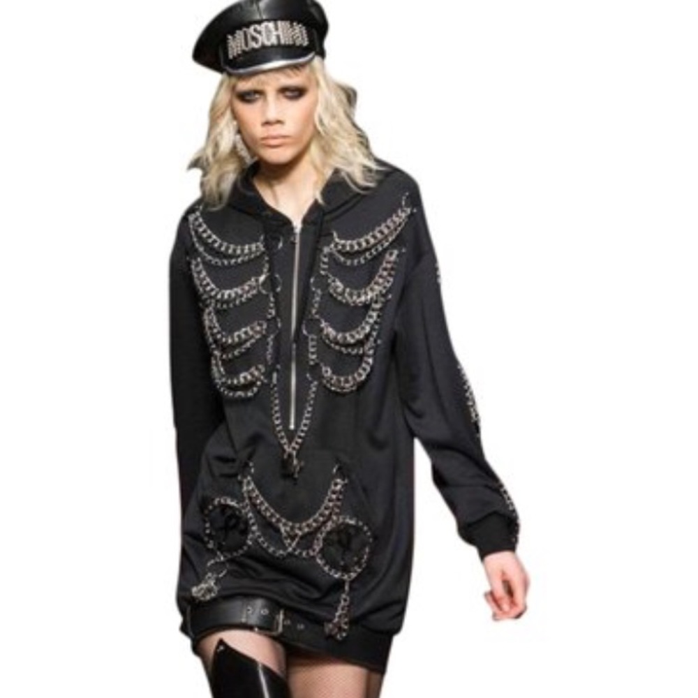 AW16 Moschino Couture BLACK SWEATSHIRT HOODIE DRESS W/ CHAINS HOOPS